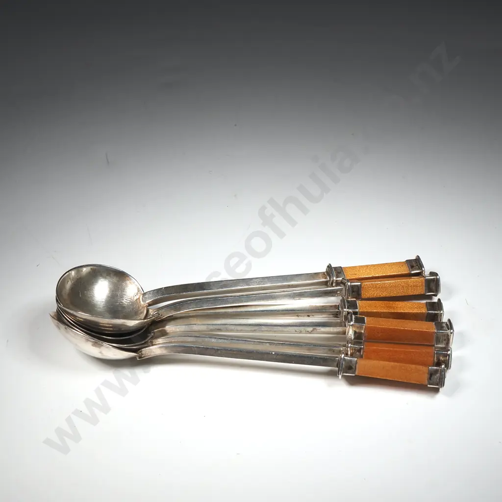 Set of Six New Zealand Silversmith Made Teaspoons w Kauri Wood Tops Image 1++