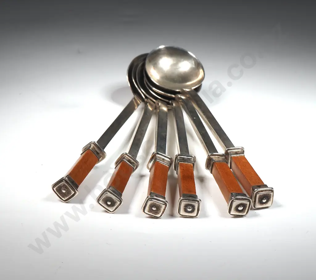 Set of Six New Zealand Silversmith Made Teaspoons w Kauri Wood Tops Image 1++