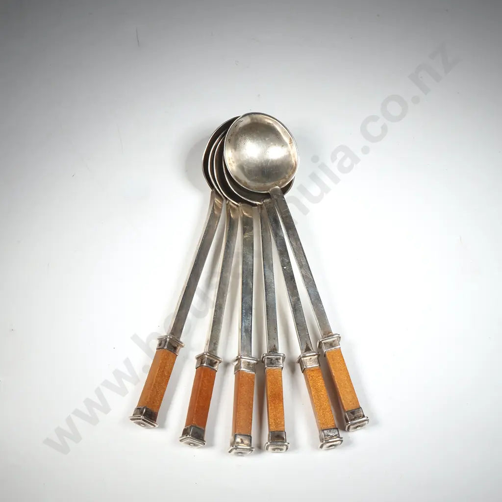 Set of Six New Zealand Silversmith Made Teaspoons w Kauri Wood Tops Image 1++