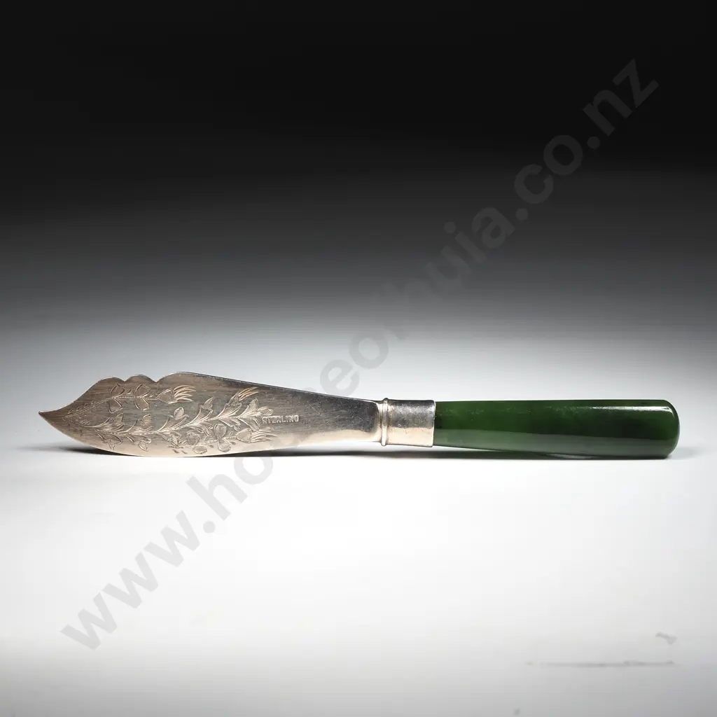 Greenstone & Sterling Silver Butter Knife w Engraved Blade Image 1++