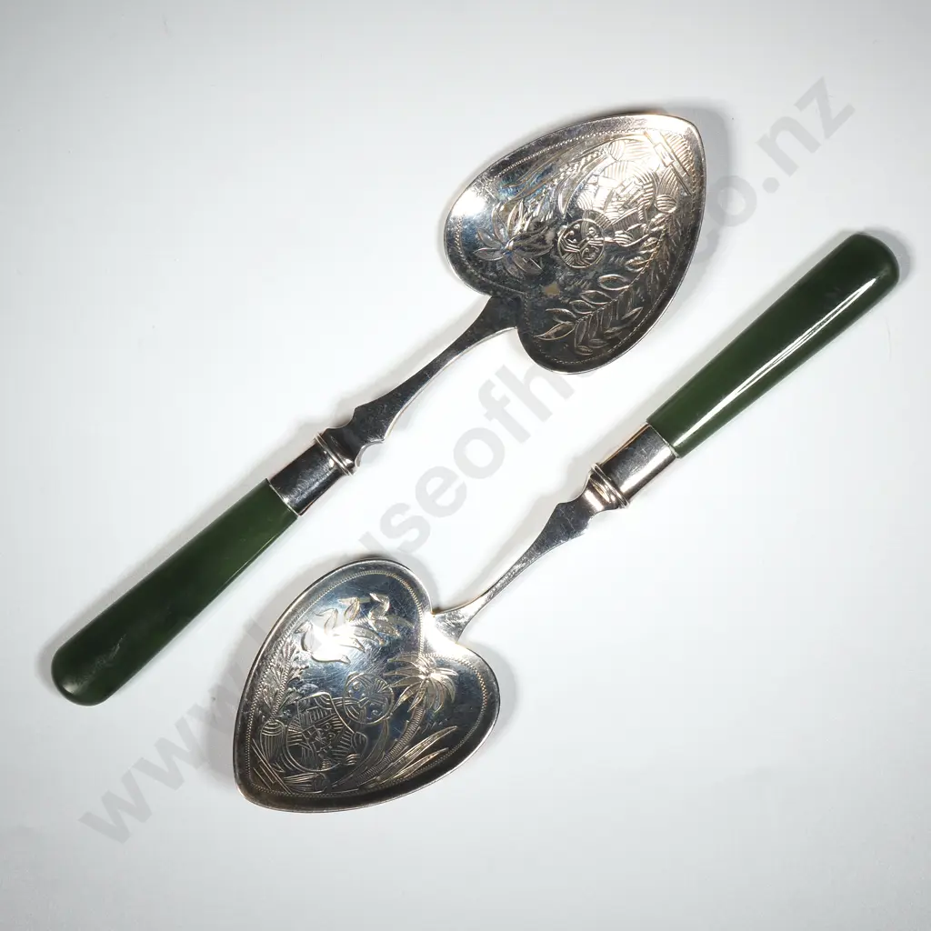 Pair of Sterling Silver & Greenstone Jam Spoons w Heart-Shaped Engraved Bowls & Stylized Māori Motifs Image 1++