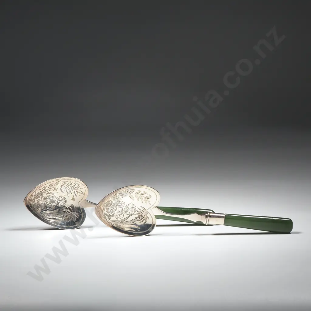 Pair of Sterling Silver & Greenstone Jam Spoons w Heart-Shaped Engraved Bowls & Stylized Māori Motifs Image 1++
