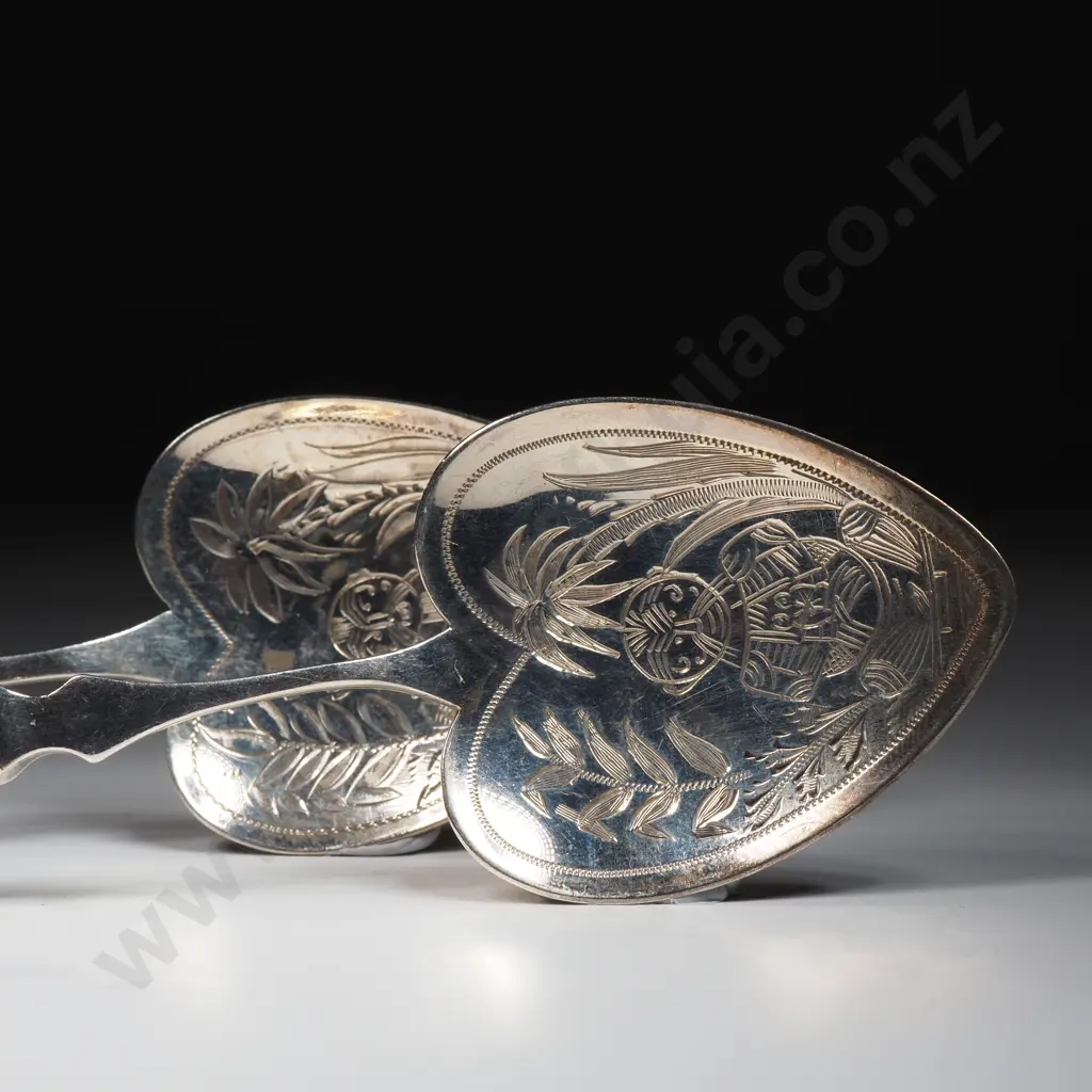 Pair of Sterling Silver & Greenstone Jam Spoons w Heart-Shaped Engraved Bowls & Stylized Māori Motifs Image 1++