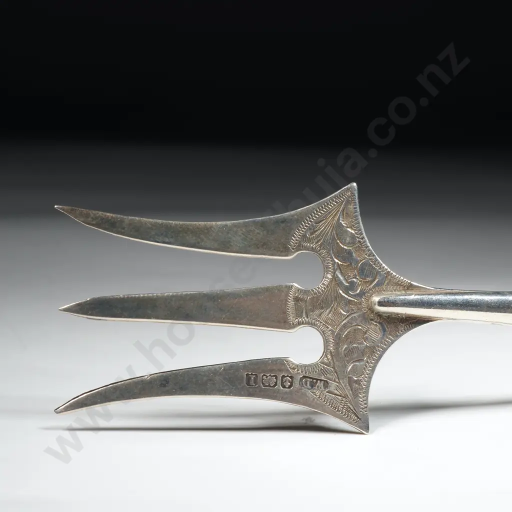 Sterling Silver Greenstone Handled Serving Fork w English Hallmarks Image 1++