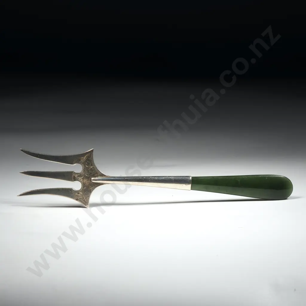 Sterling Silver Greenstone Handled Serving Fork w English Hallmarks Image 1++