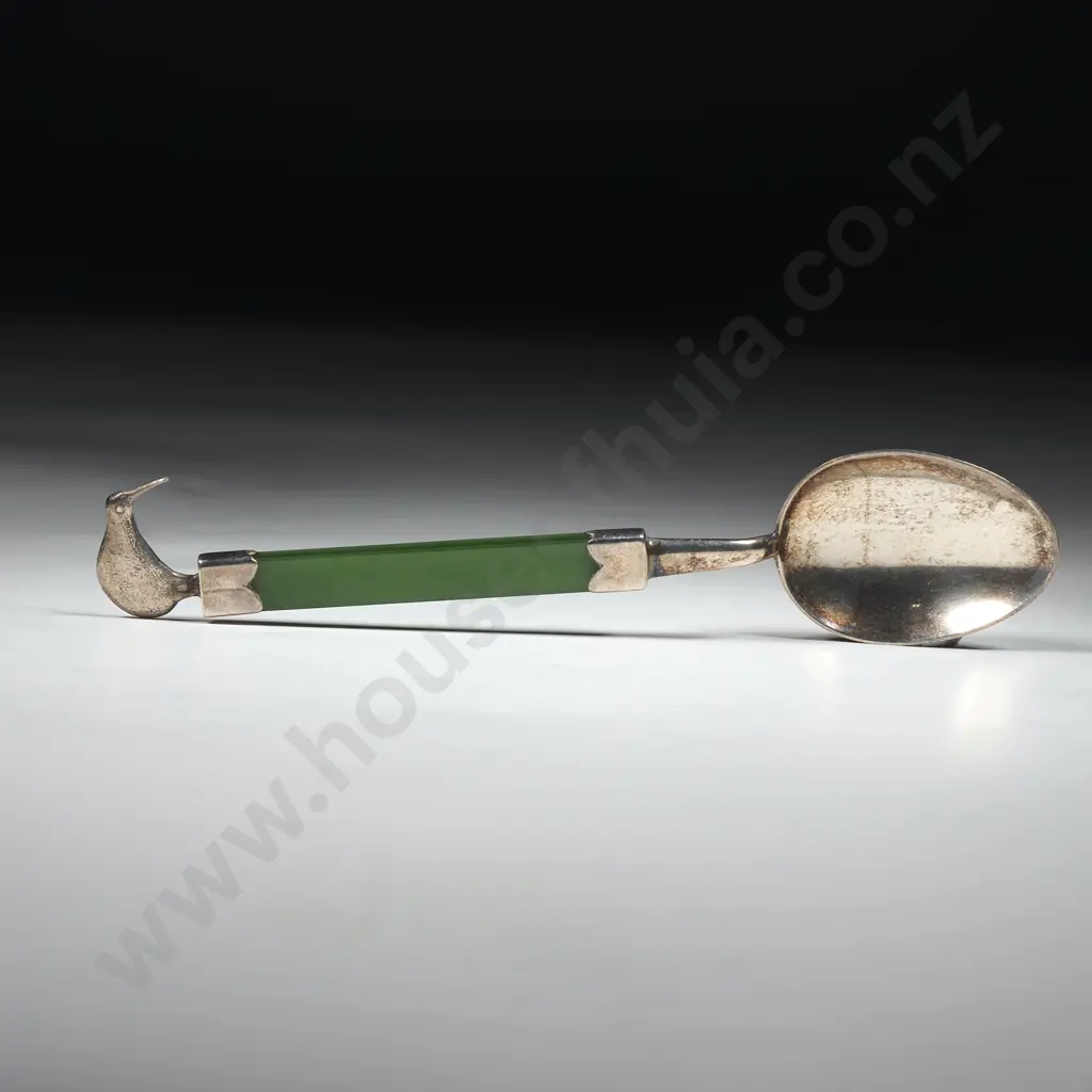 Greenstone Handled Spoon w Kiwi Finial - Sterling Silver Image 1++