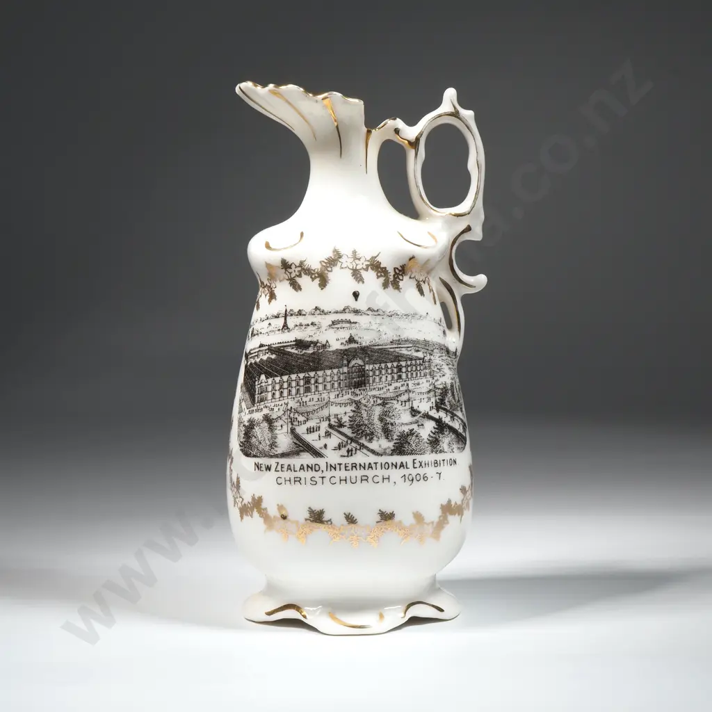 New Zealand International Exhibition, Christchurch 1906-7 Commemorative Jug - White Ground w Gold Trim Image 1++