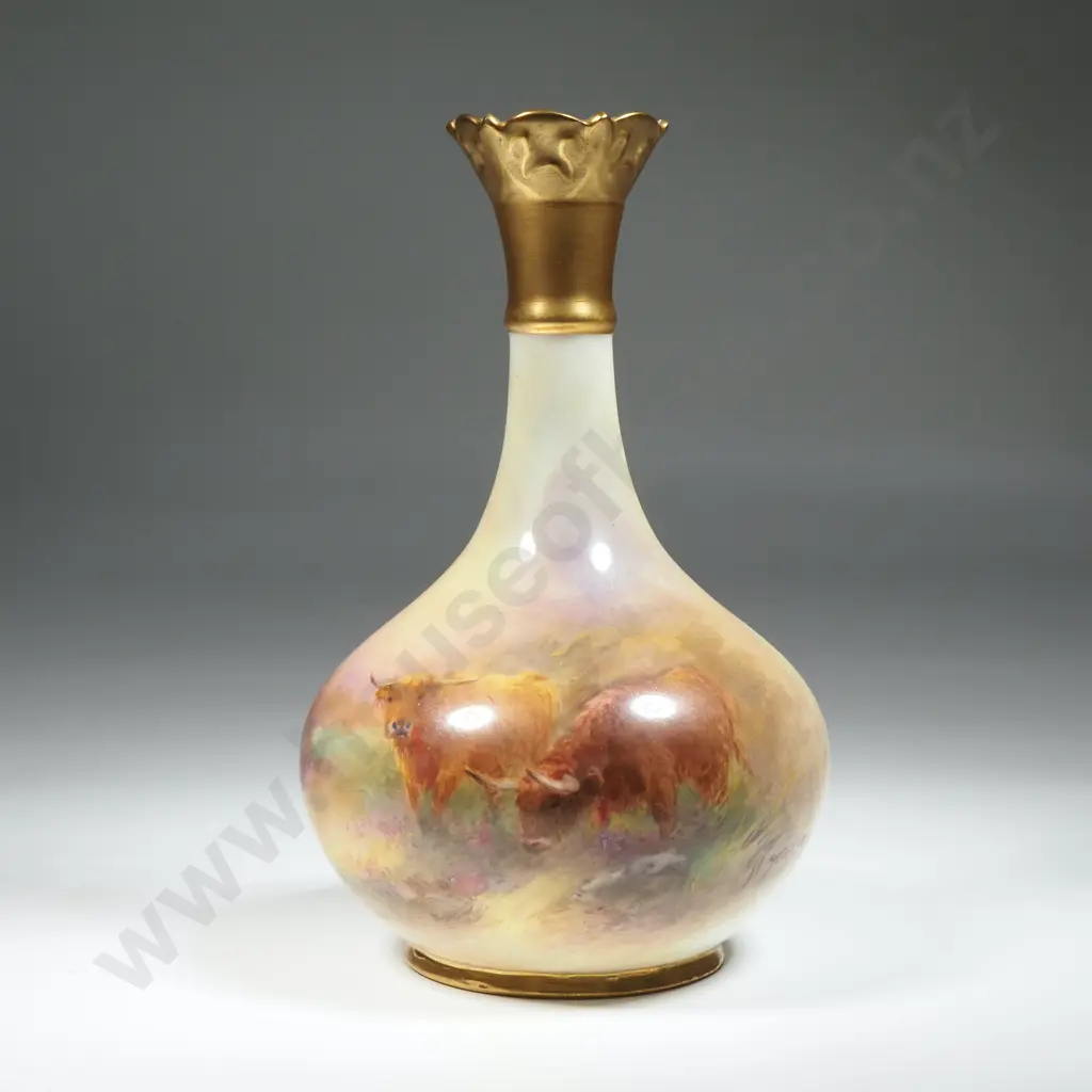 Royal Worcester Tapered Vase Hand Painted With Highland Cattle & Signed H Stinton. The Neck Moulded & Gilded. Image 1++