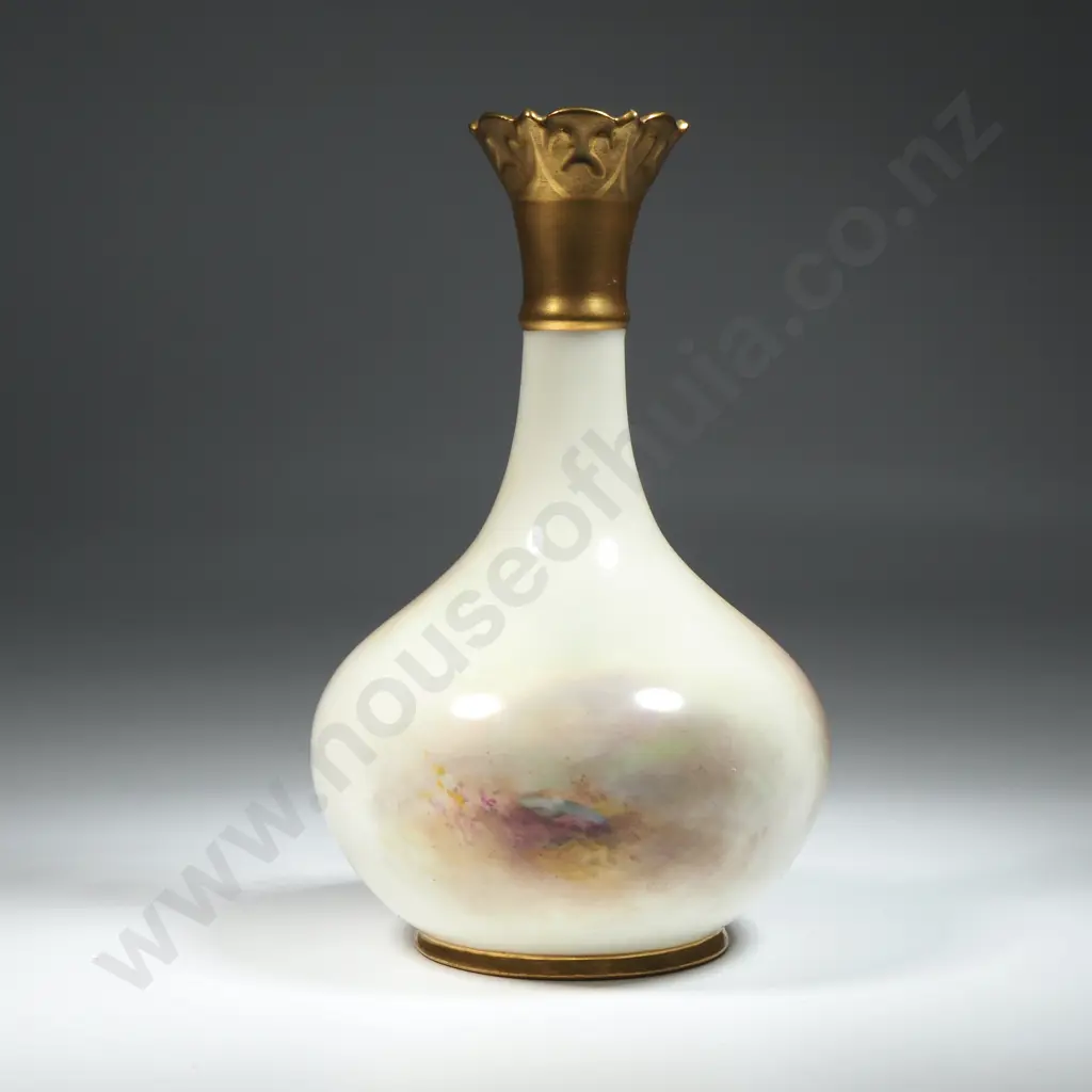 Royal Worcester Tapered Vase Hand Painted With Highland Cattle & Signed H Stinton. The Neck Moulded & Gilded. Image 1++