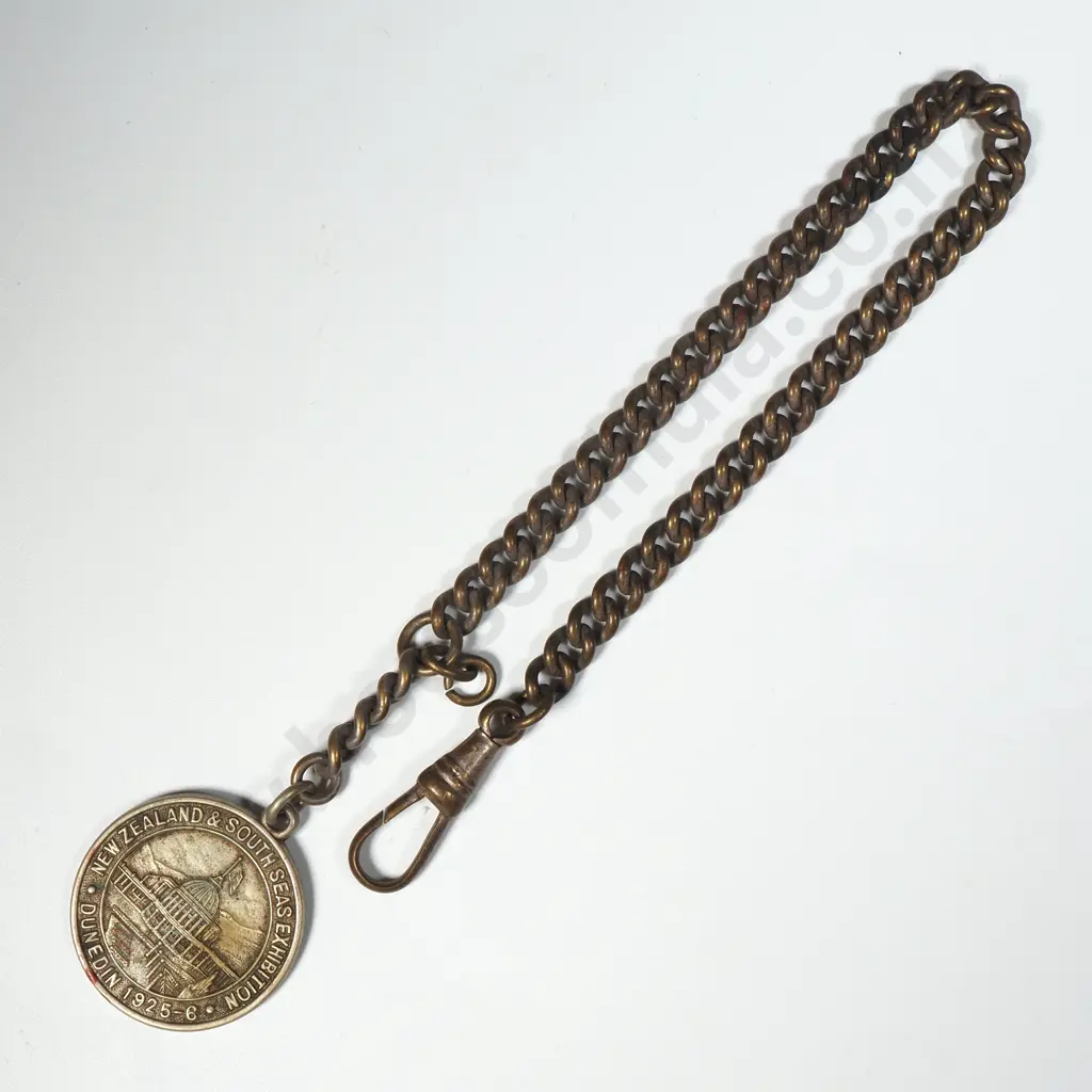 1925-26 South Seas Exhibition Dunedin Medal in White Metal on Base Metal chain Image 1++