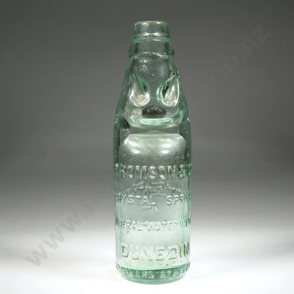Thomson & Co. Dunedin Green Marble Codd Bottle. Crystal Springs Mineral Water Works.Canningham Shaw Maker1902. Good Image 1++