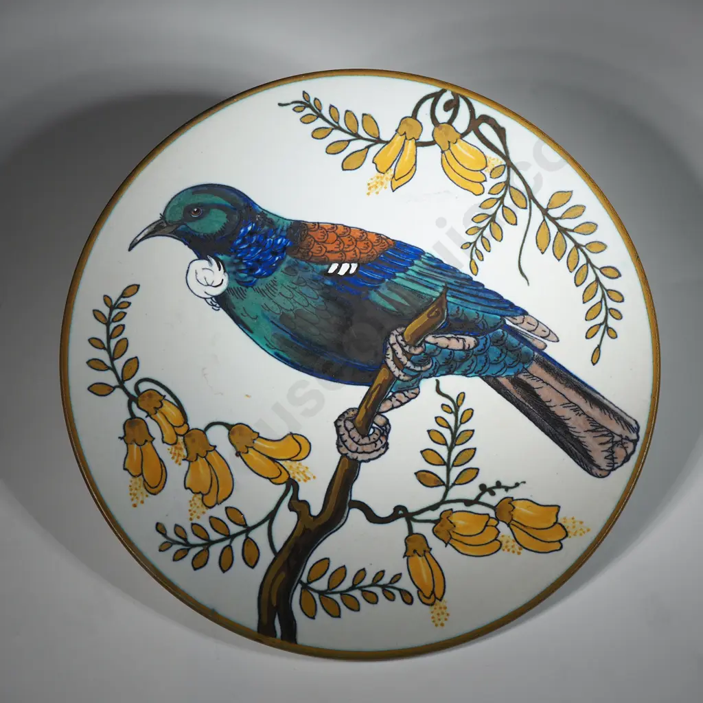 Gouda Hand-Painted  "Tui, New Zealand Parson Bird " Plaque, Circa 1910, Signed "Kiwi Holland, Gibson & Patterson Ltd Image 1++