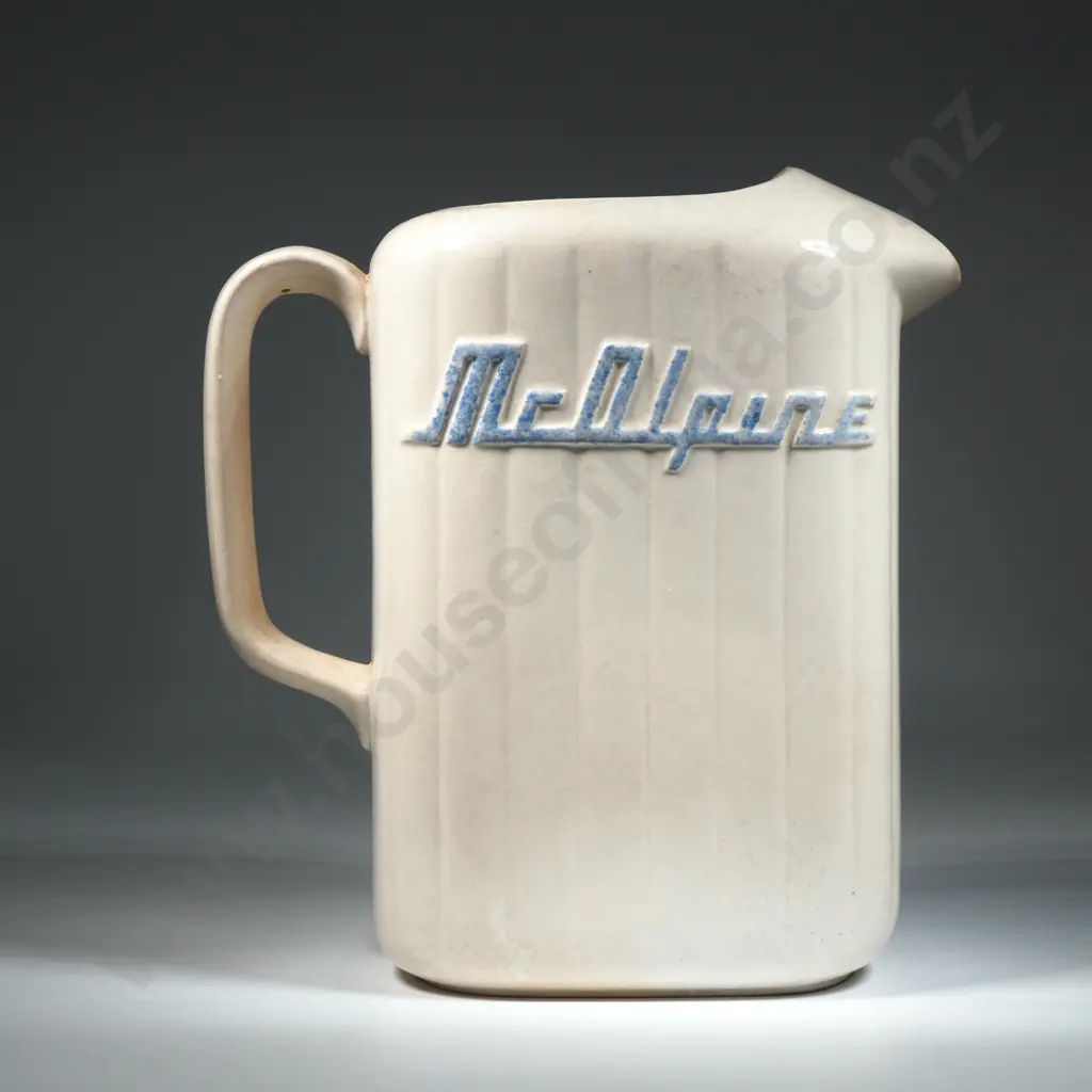 Crown Lynn White McAlpine Jug w Power Blue Lettering Image 1++