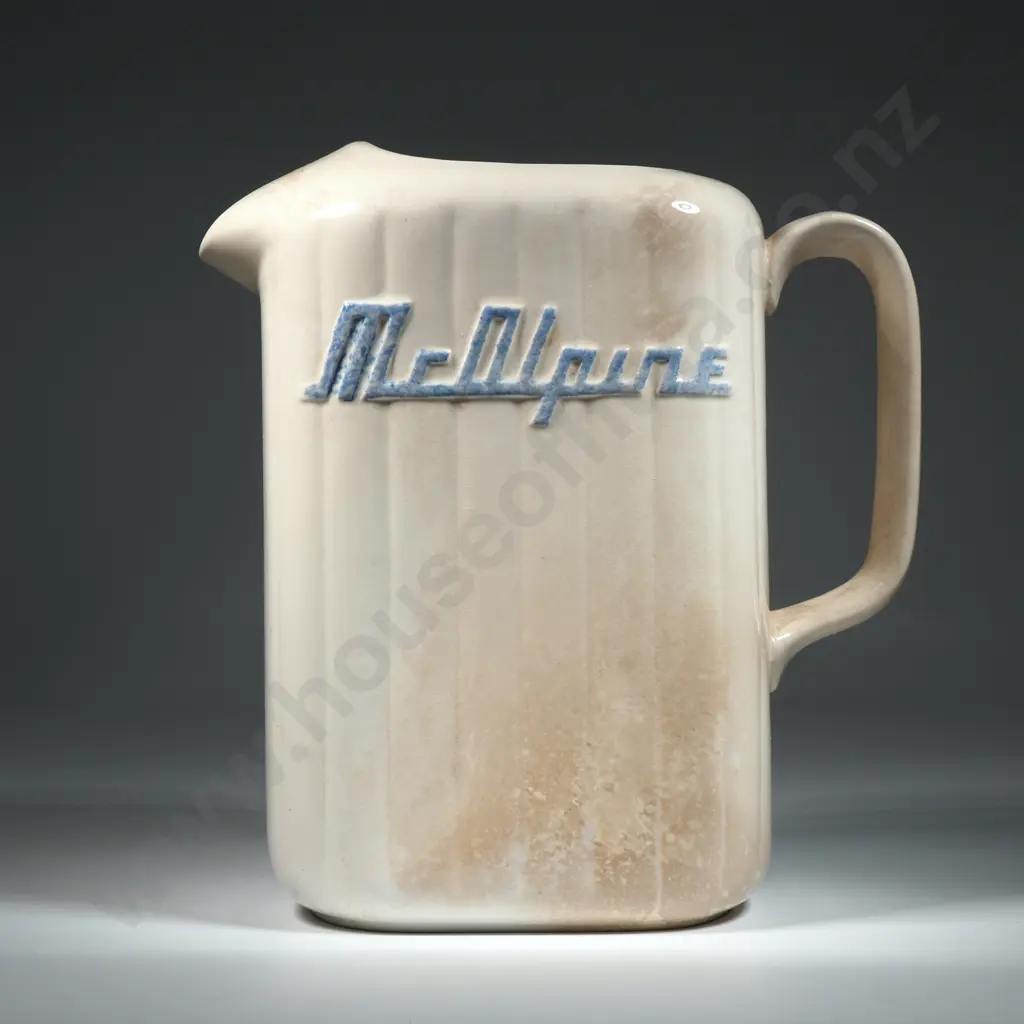 Crown Lynn White McAlpine Jug w Power Blue Lettering Image 1++