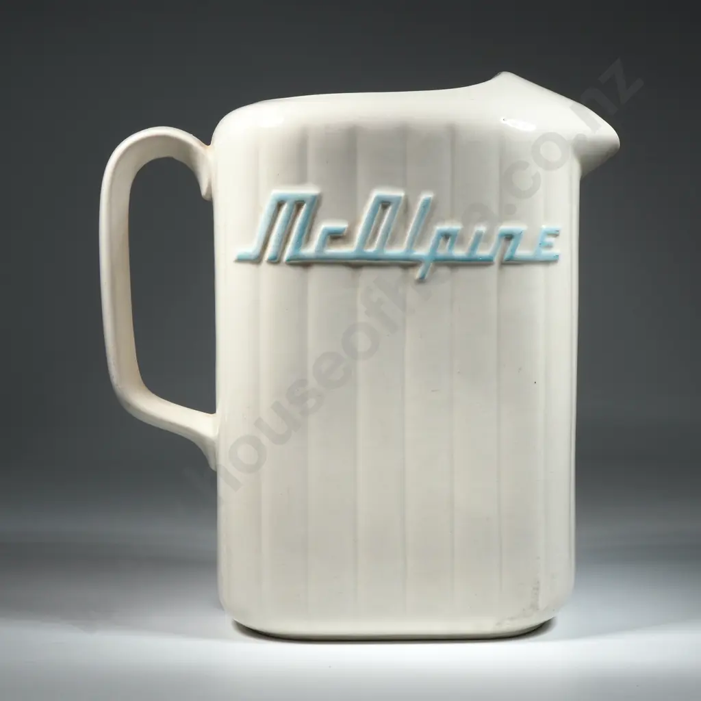 Crown Lynn White McAlpine Jug w Teal Lettering Image 1++