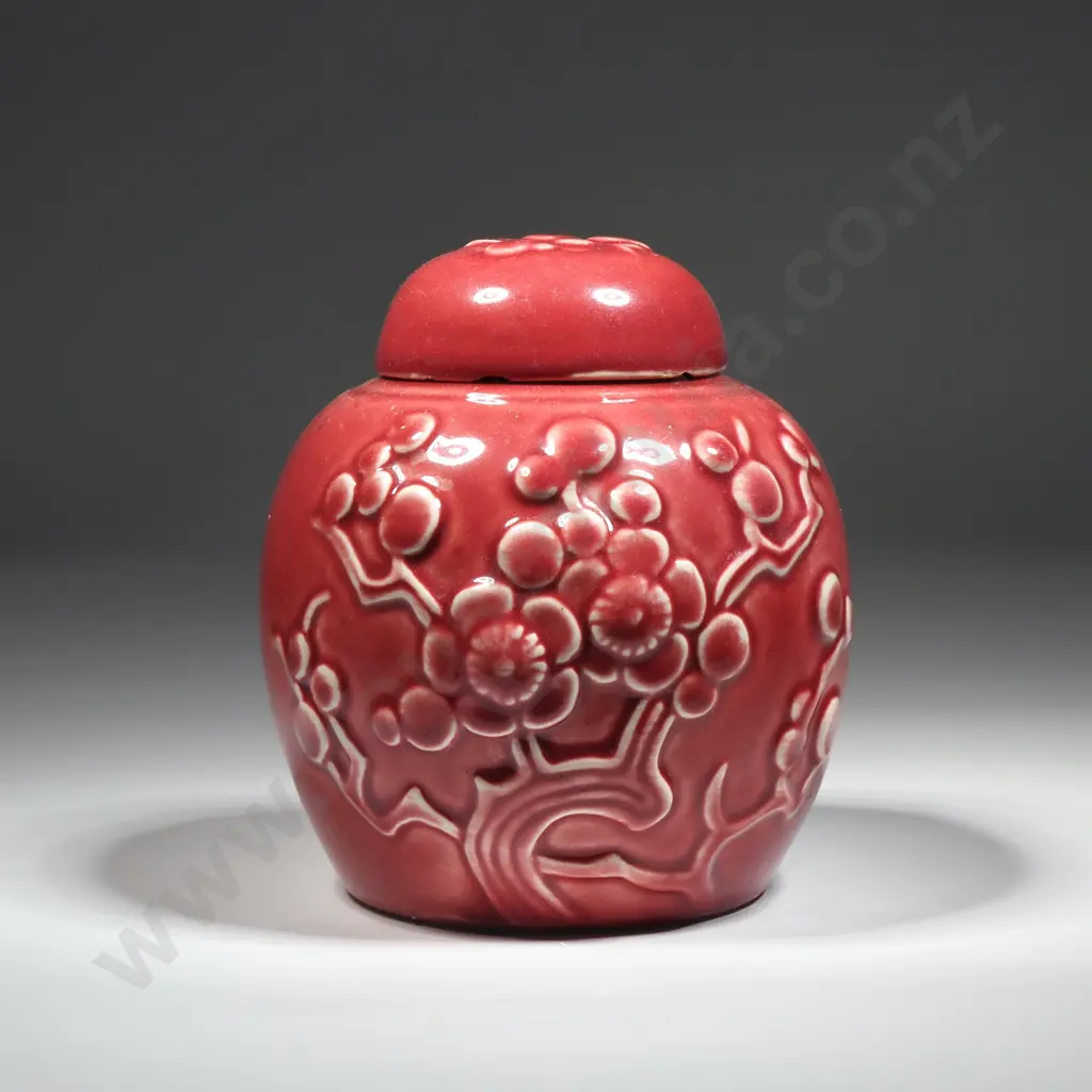 Crown Lynn Crimson Ginger Jar w Moulded Apple Blossom Decoration Image 1++