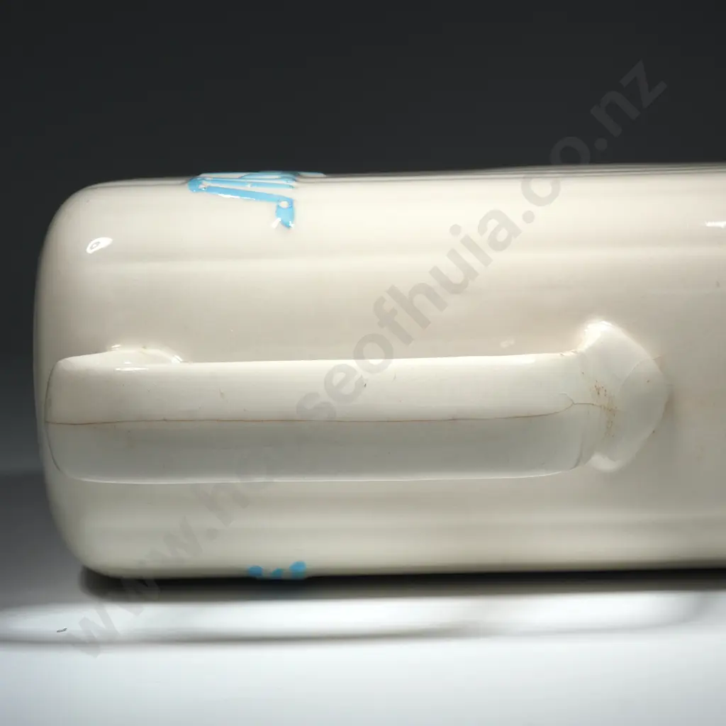 A Crown Lynn White McAlpine Refrigerator Jug. Ribbed rectangular section form with 'McAlpine' w Blue Highlighted Letters Image 1++