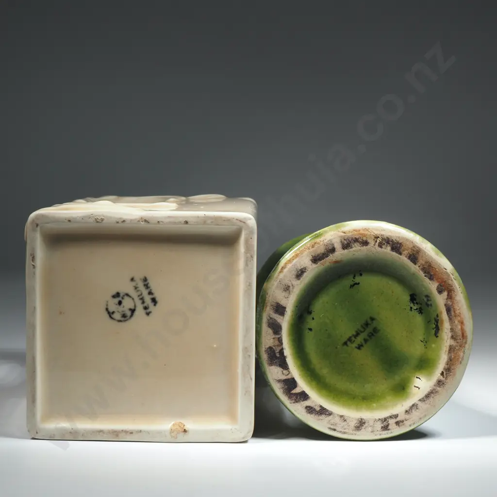 Temuka Pottery Square Jug. Circa 1945 & A Temuka Green Glaze Waisted Vase Image 1++