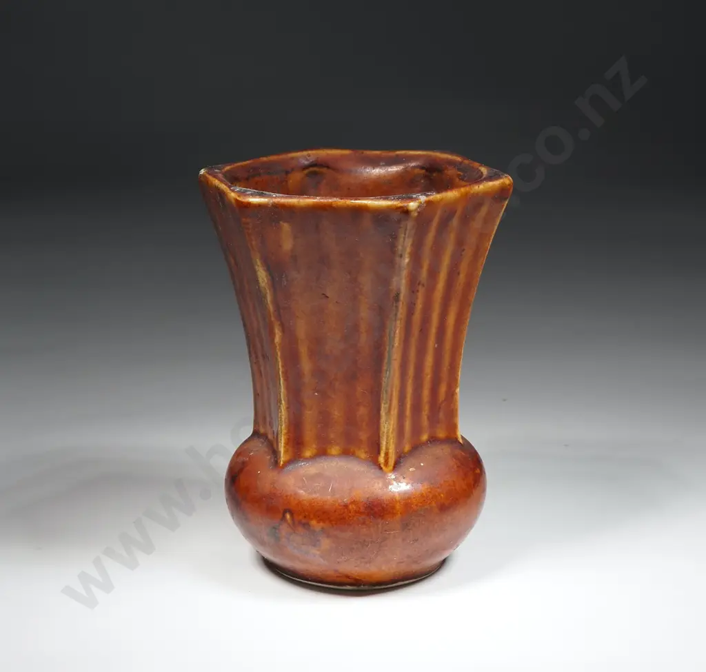 Crown Lynn Miniature Brown Glaze Vase w  Wide Bulbous Base & Six Flaring Sides. No 132 Image 1++