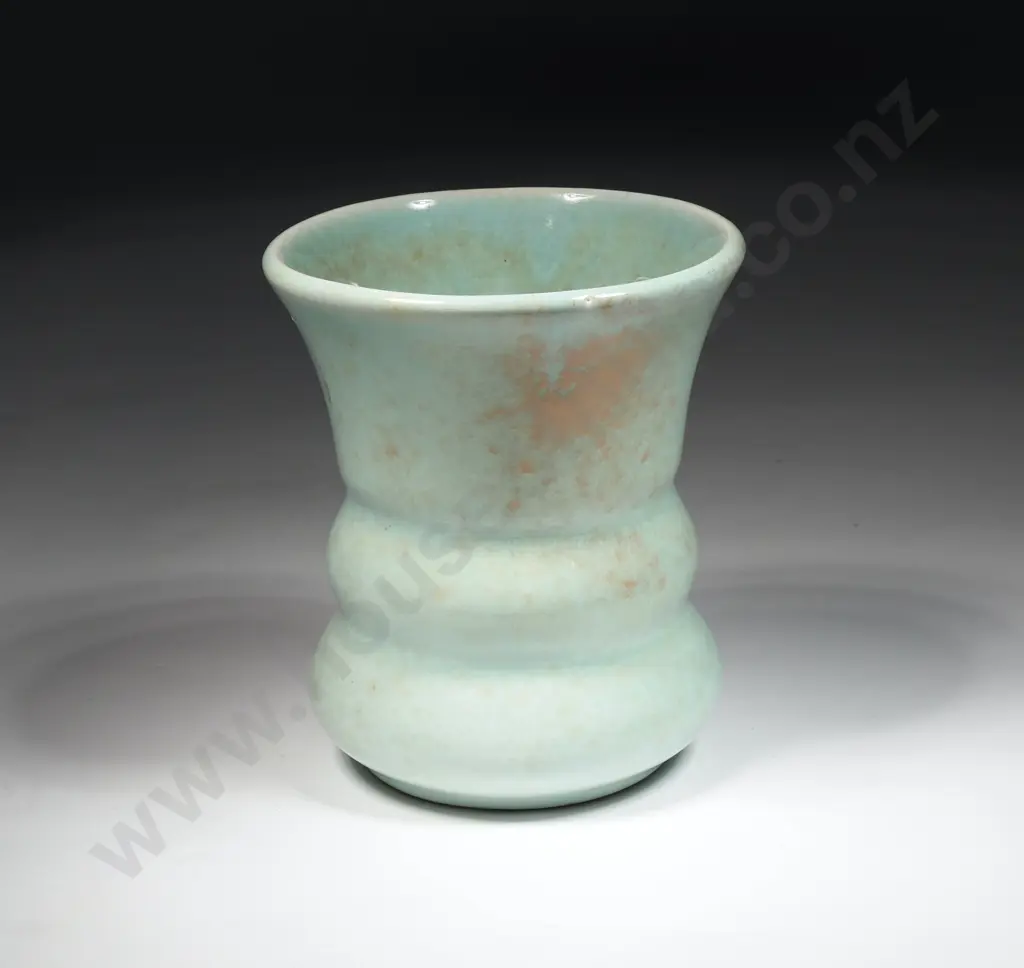 Small Crown Lynn Ribbed Vase In Speckled Teal Glaze. Impressed No 101 Image 1++