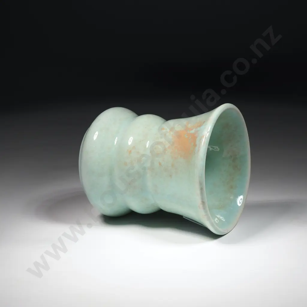 Small Crown Lynn Ribbed Vase In Speckled Teal Glaze. Impressed No 101 Image 1++