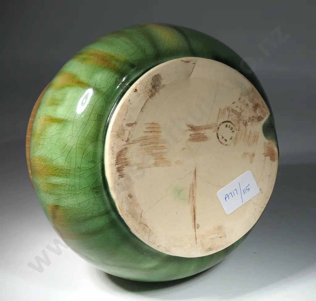 Ambrico? (Crown Lynn) Green & Brown  Glazed Pot. Marked Made in NZ. Image 1++