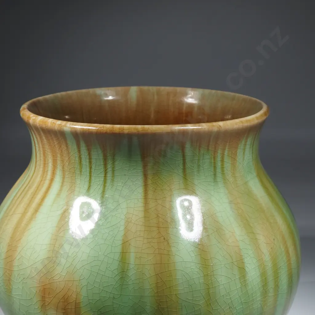 Ambrico? (Crown Lynn) Green & Brown  Glazed Pot. Marked Made in NZ. Image 1++