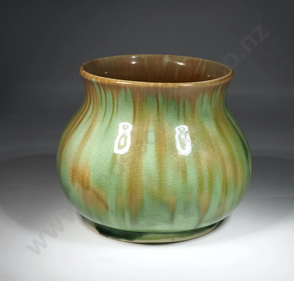 Ambrico? (Crown Lynn) Green & Brown  Glazed Pot. Marked Made in NZ. Image 1++