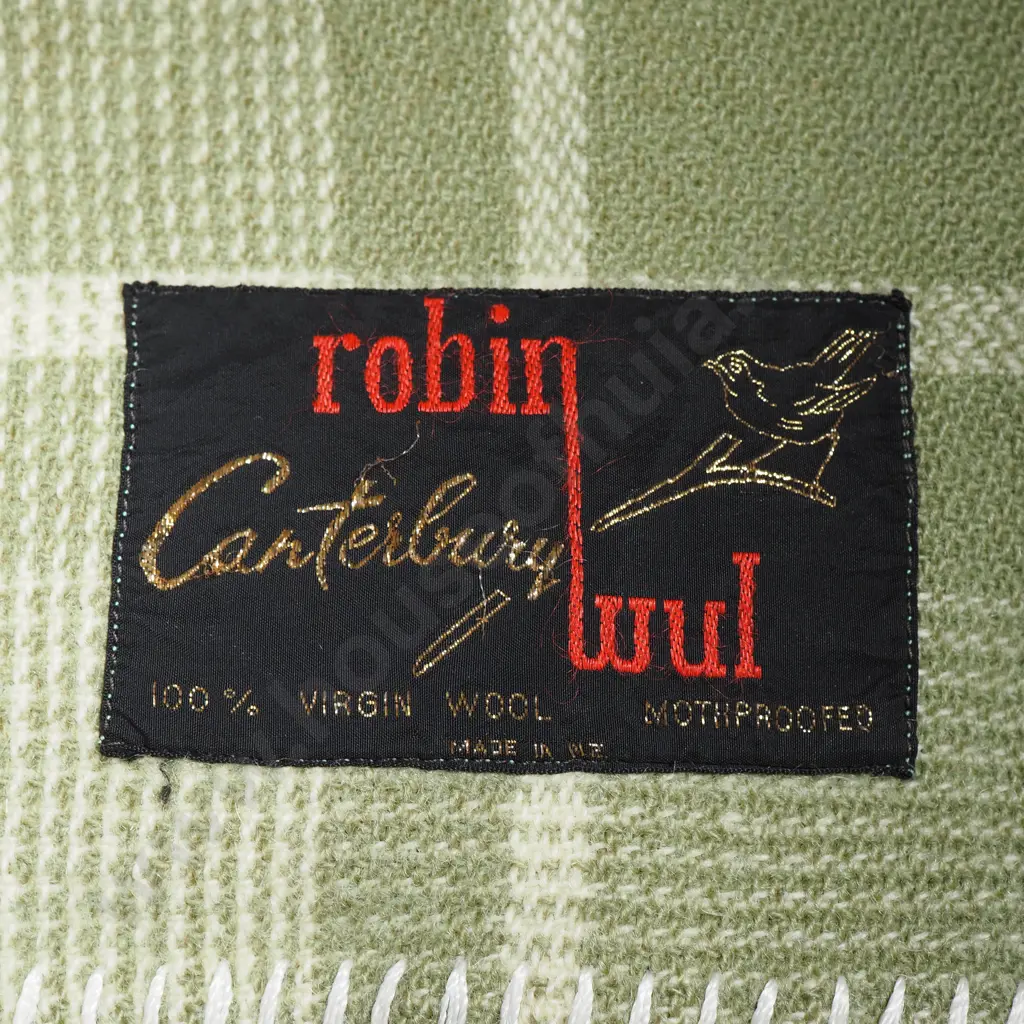 Green & White Double Checked NZ Wool Blanket. Robin Wul, Canterbury. Image 1++