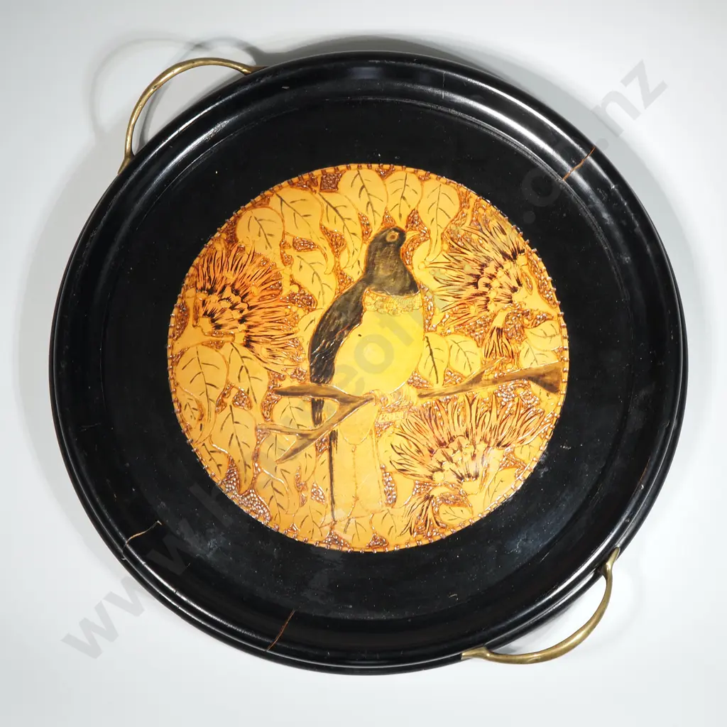 Poker Work Lacquer Ware Circular Tray Decorated With A Native NZ Wood Pigeon  & Produced By Soldiers Ware Handicraft NZ Image 1++