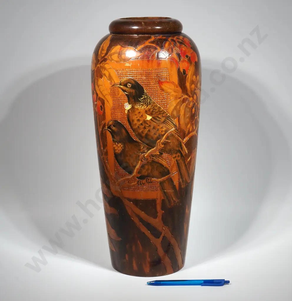 Large Jane Brenkley Vase Depicting a Pair of Tui Sitting in a Tree Image 1++