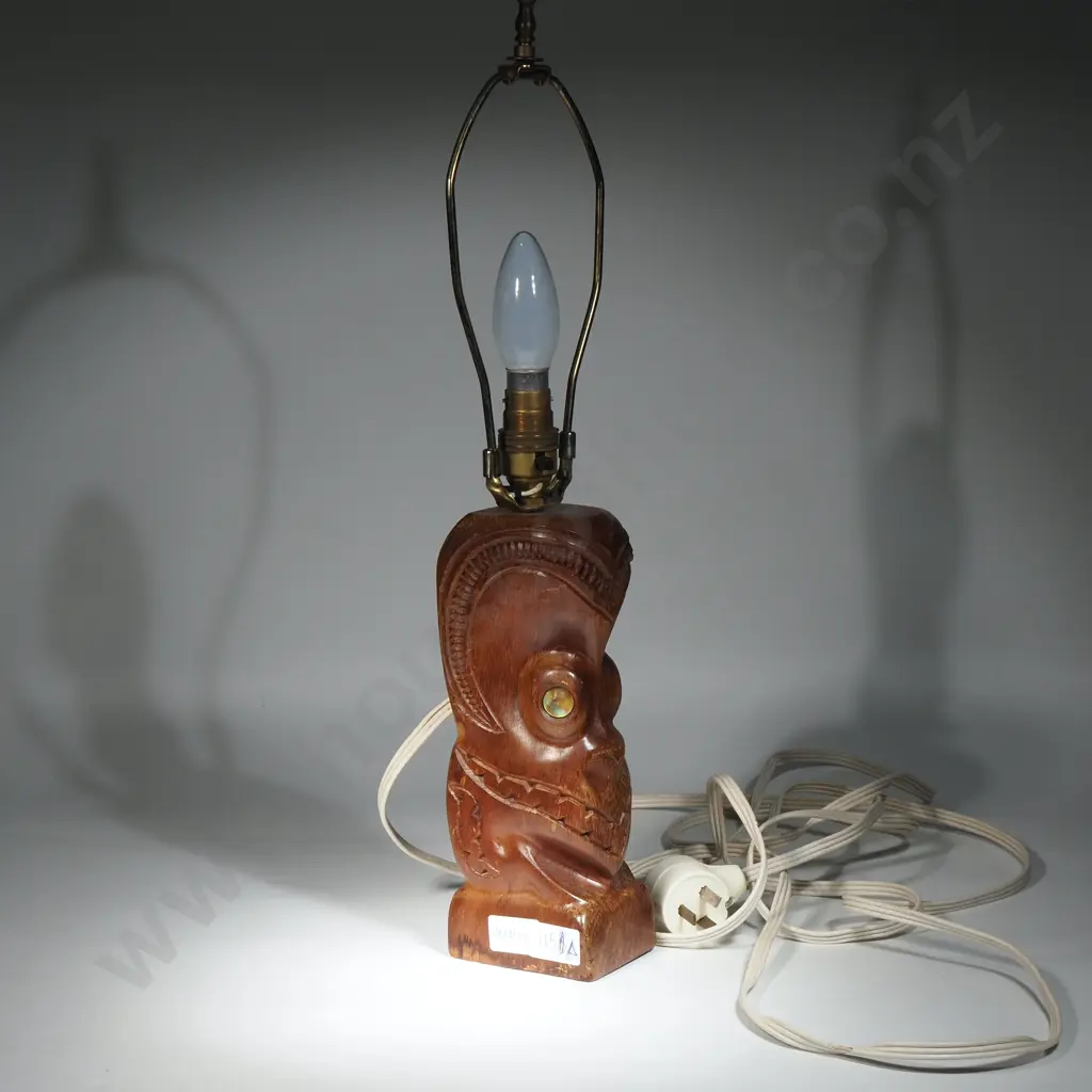 Vintage Maori Carve Lamp Base w Paua Inset Eyes Image 1++