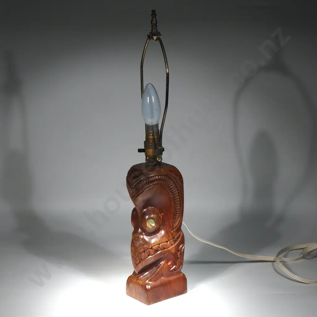 Vintage Maori Carve Lamp Base w Paua Inset Eyes Image 1++