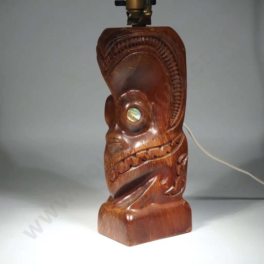 Vintage Maori Carve Lamp Base w Paua Inset Eyes Image 1++