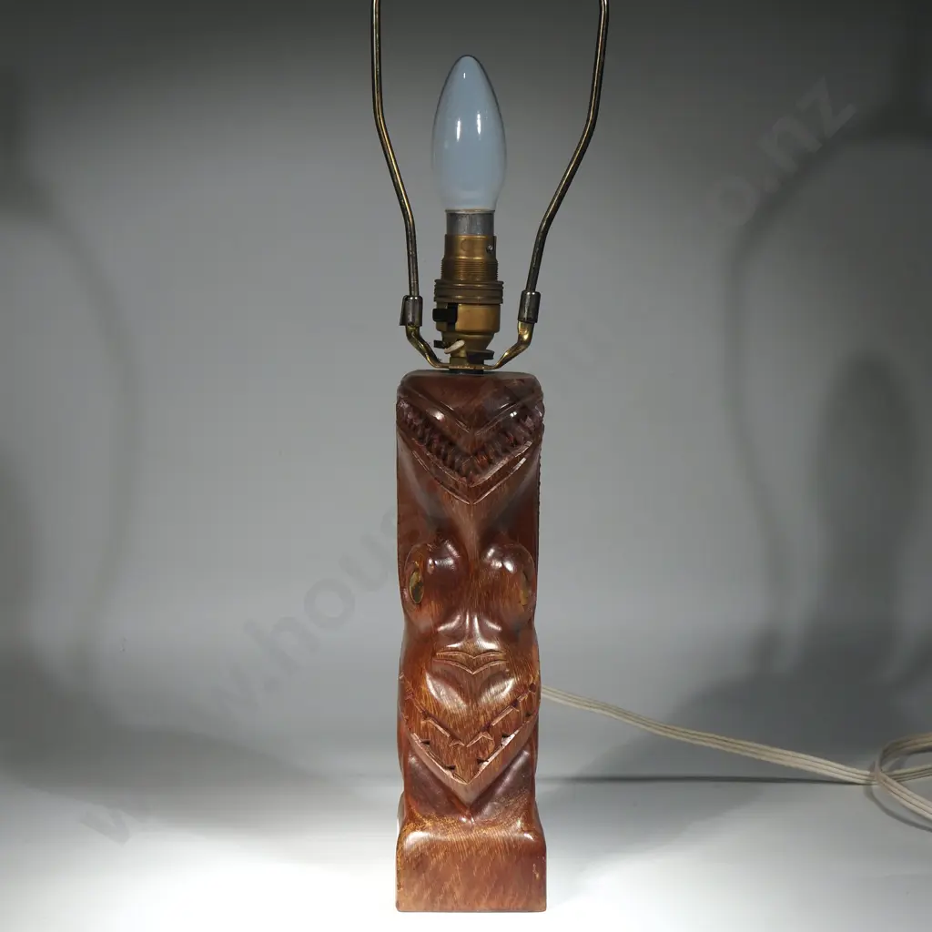 Vintage Maori Carve Lamp Base w Paua Inset Eyes Image 1++