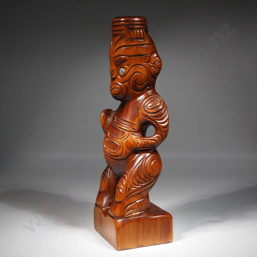 Vintage Maori Carved Teko Teko w Patu & Inset Paua Eyes Image 1++