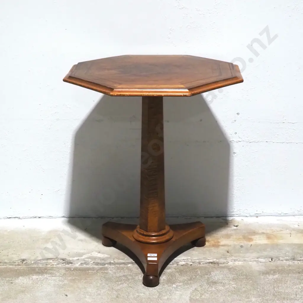 New Zealand Timber Octagonal Occasional Table w Central Column On A Tripod Base.The Top Crossbanded w Variety Of Timbers Image 1++
