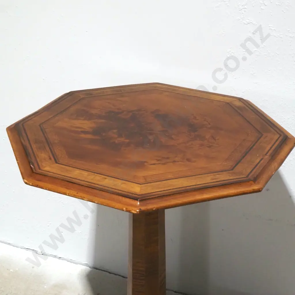 New Zealand Timber Octagonal Occasional Table w Central Column On A Tripod Base.The Top Crossbanded w Variety Of Timbers Image 1++