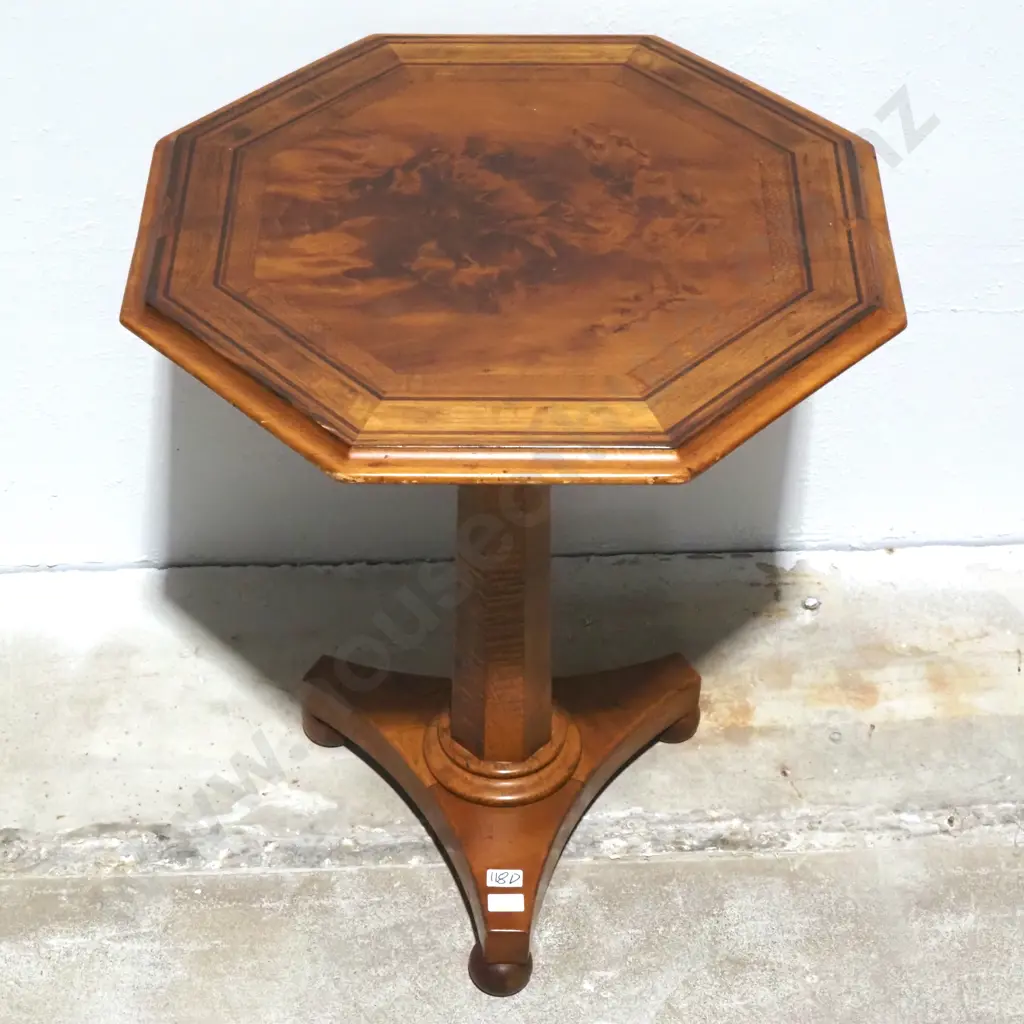 New Zealand Timber Octagonal Occasional Table w Central Column On A Tripod Base.The Top Crossbanded w Variety Of Timbers Image 1++