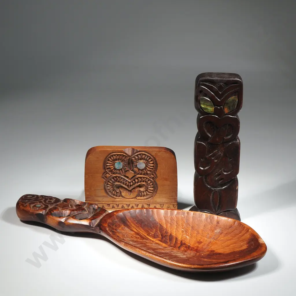 Three Carved Souvenir Items-  Letter Rack With Carved Tiki & Paua Shell,  Hand Carved Wooden Spoon featuring a Hei-Tiki  Image 1++