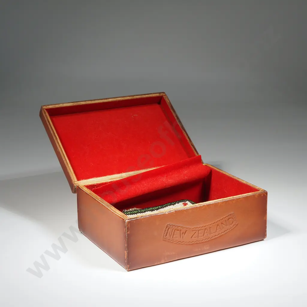 Vintage Leather Box Featuring A Tooled Leather Tiki Surrounded By a Border Of Fern Fronds &  A Beaded Purse Dated 1942. Image 1++