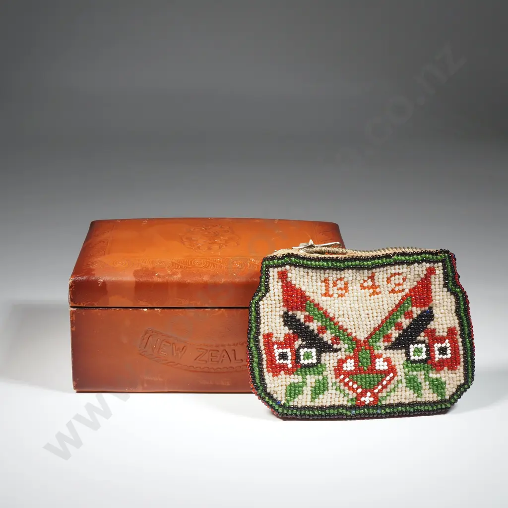 Vintage Leather Box Featuring A Tooled Leather Tiki Surrounded By a Border Of Fern Fronds &  A Beaded Purse Dated 1942. Image 1++