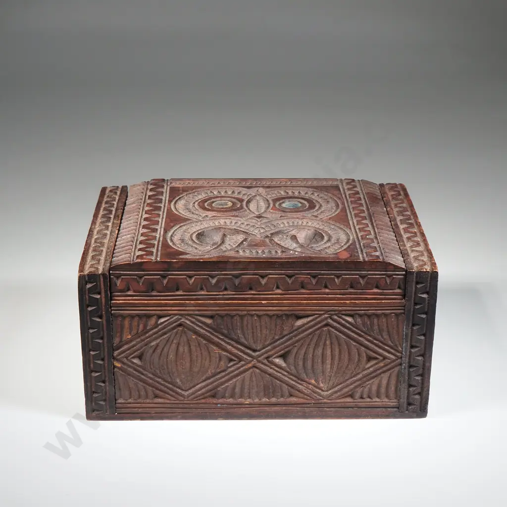 Vintage Rectangular Maori Tiki Hand Carved Trinket Box With Paua Shell Inlay "Tapu" Designs Image 1++