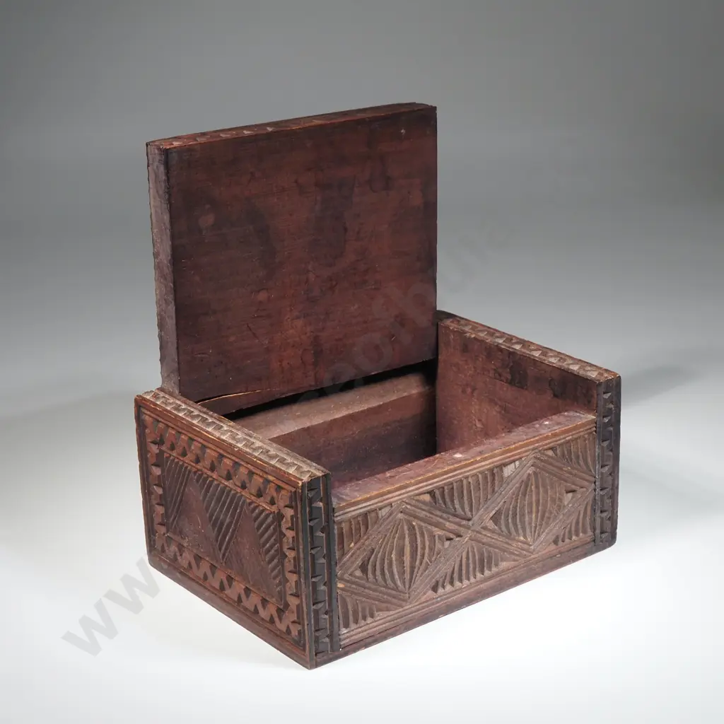 Vintage Rectangular Maori Tiki Hand Carved Trinket Box With Paua Shell Inlay "Tapu" Designs Image 1++