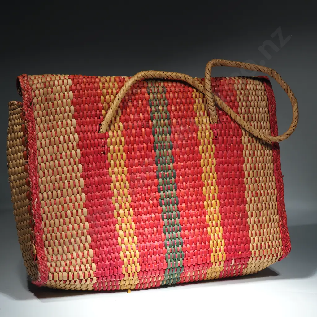 Handwoven Flax Bag or Kete in Shades of Pink, Yellow, Cream & Green w Button & Loop Closure. H330 x L375mm Image 1++
