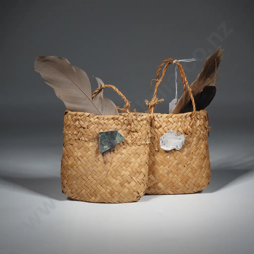 Two Small Traditional  Harakeke Maori Ketes w Paua Shell Decoration  Image 1++