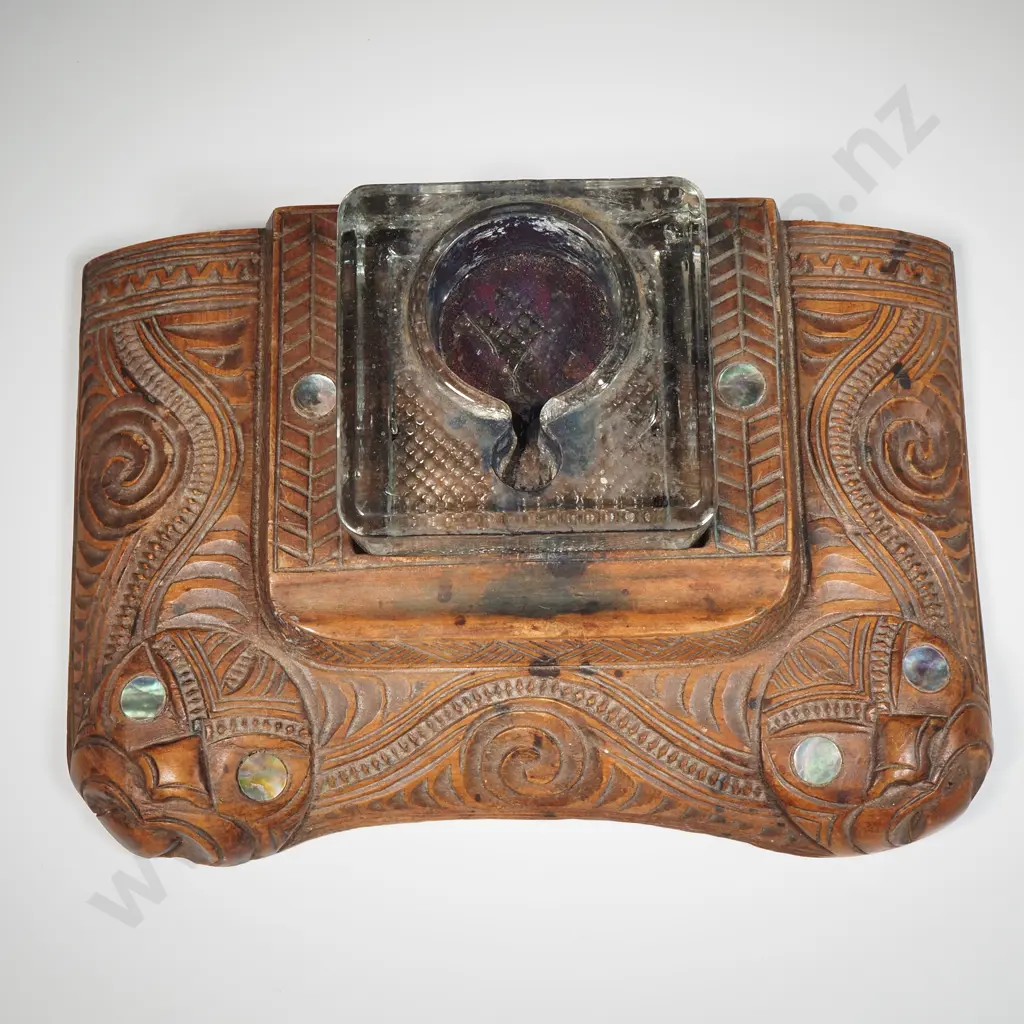 Vintage Hand Carved Wood & Paua Shell  Desk Ink Well Decorated With Tiki & Paua Shell Inset Image 1++