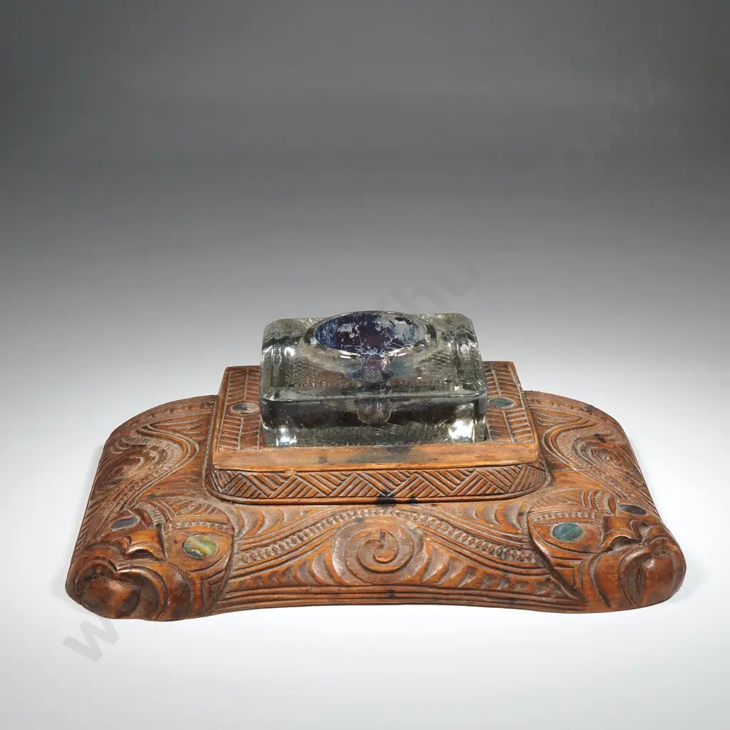 Vintage Hand Carved Wood & Paua Shell  Desk Ink Well Decorated With Tiki & Paua Shell Inset Image 1++