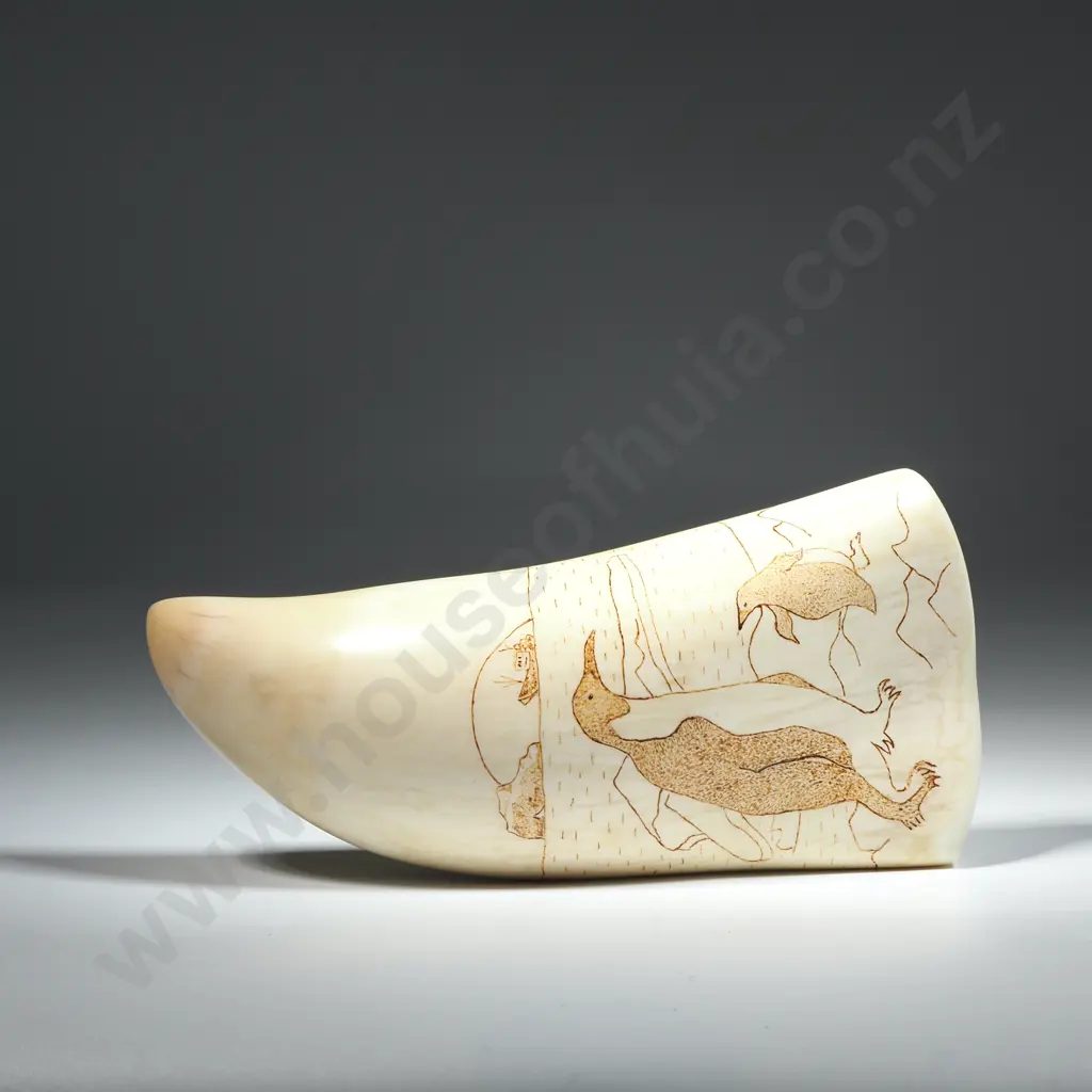 Large Scrimshaw On A Whales Tooth Engraved With Penguin in The Foreground & A Boat In The Background  Image 1++