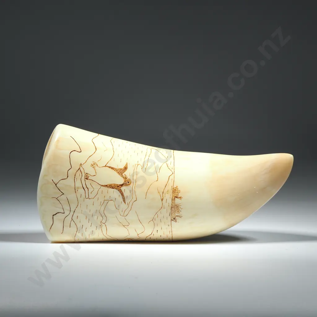 Large Scrimshaw On A Whales Tooth Engraved With Penguin in The Foreground & A Boat In The Background  Image 1++